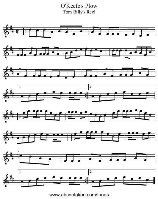 O'Keefe's Plow - staff notation
