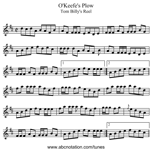 O'Keefe's Plow - staff notation