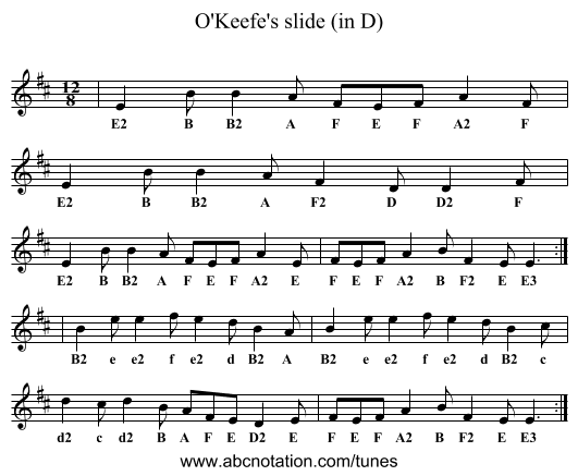 O'Keefe's slide (in D) - staff notation