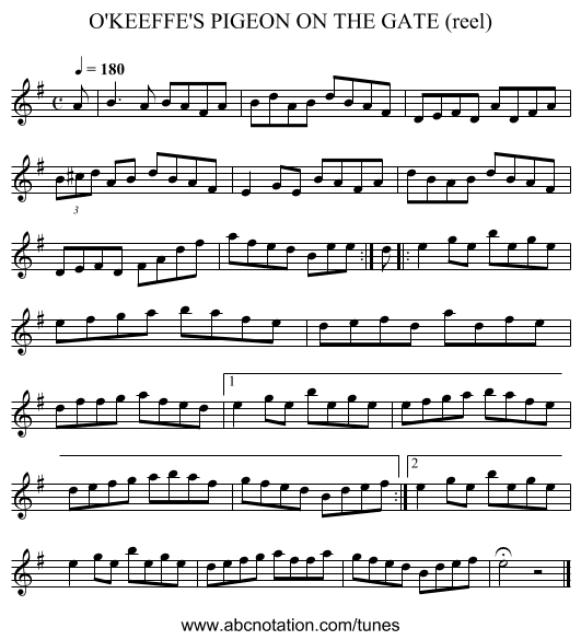 O'KEEFFE'S PIGEON ON THE GATE (reel) - staff notation