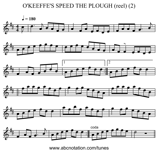 O'KEEFFE'S SPEED THE PLOUGH (reel) (2) - staff notation
