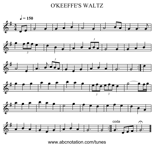 O'KEEFFE'S WALTZ - staff notation