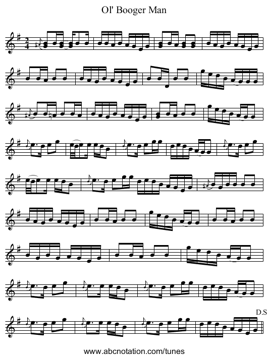 Ol' Booger Man - staff notation