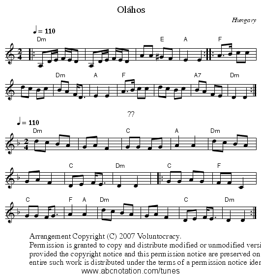 Ol&aacute;hos - staff notation