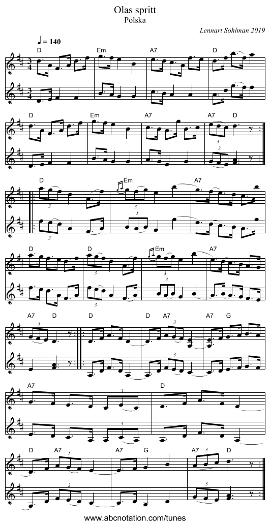Olas spritt - staff notation