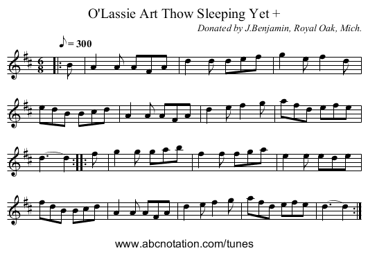 O'Lassie Art Thow Sleeping Yet + - staff notation