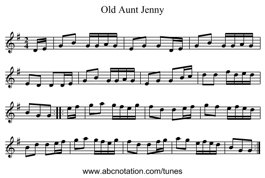 Old Aunt Jenny - staff notation