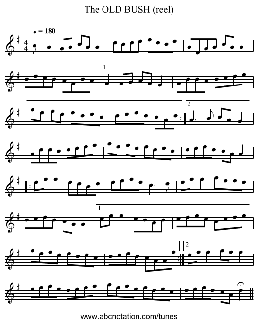 OLD BUSH (reel), The - staff notation