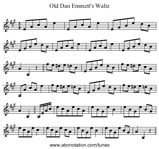 Old Dan Emmett's Waltz - staff notation
