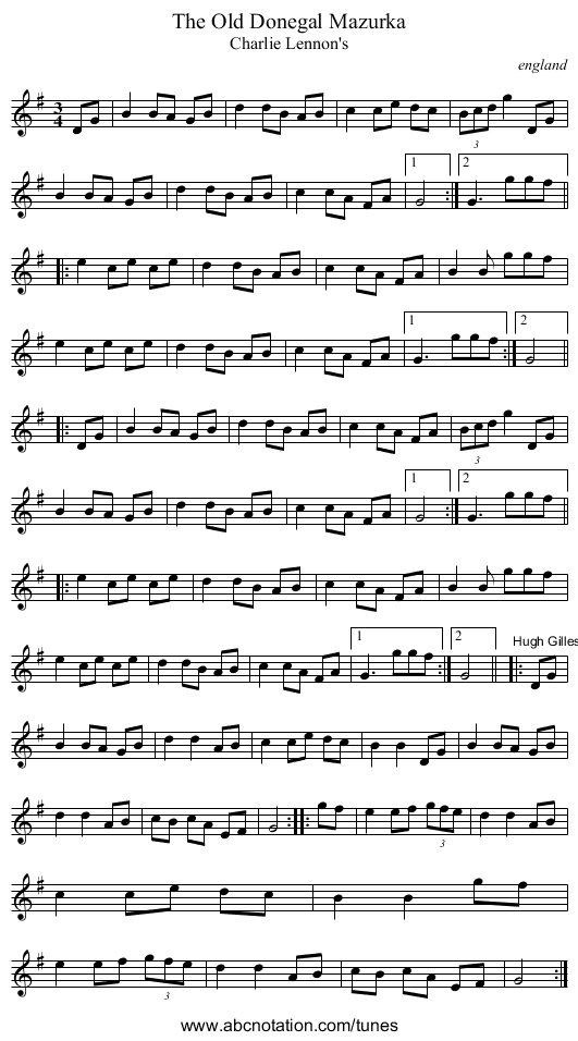 Old Donegal Mazurka, The - staff notation