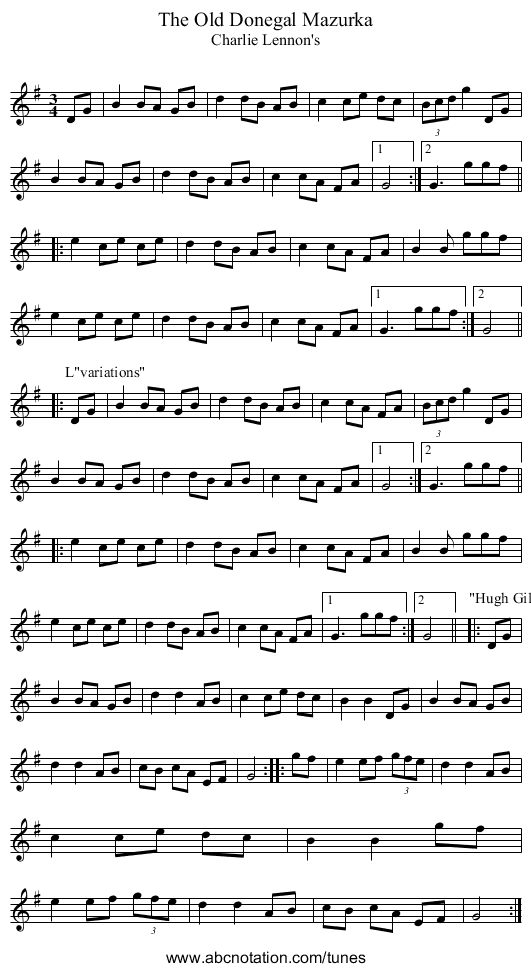 Old Donegal Mazurka, The - staff notation