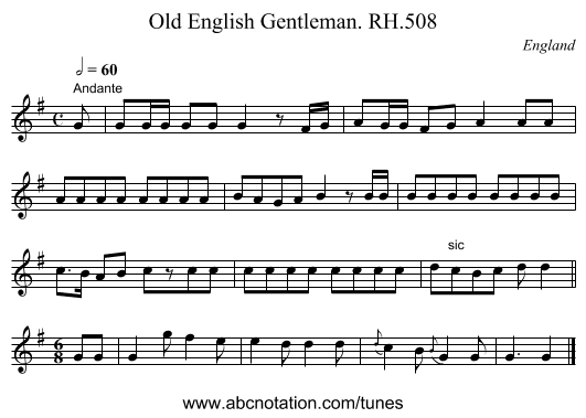 Old English Gentleman. RH.508 - staff notation