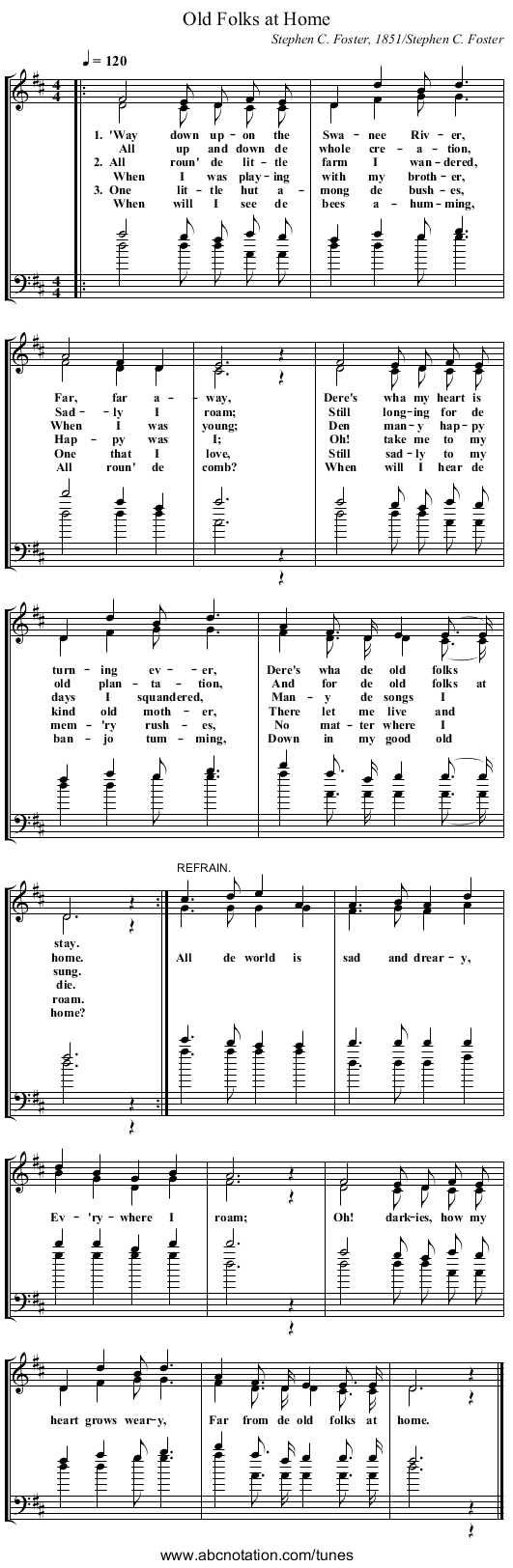 Old Folks at Home - staff notation