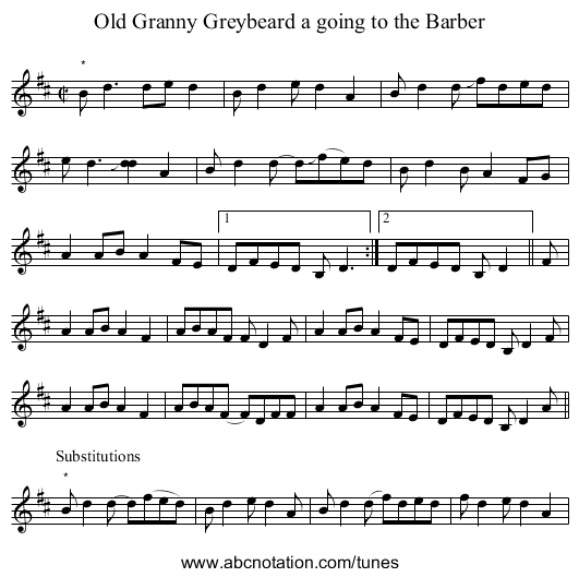 Old Granny Greybeard a going to the Barber - staff notation
