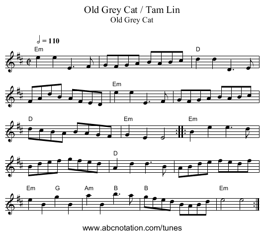 Old Grey Cat / Tam Lin - staff notation