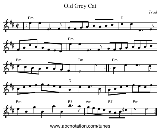 Old Grey Cat - staff notation
