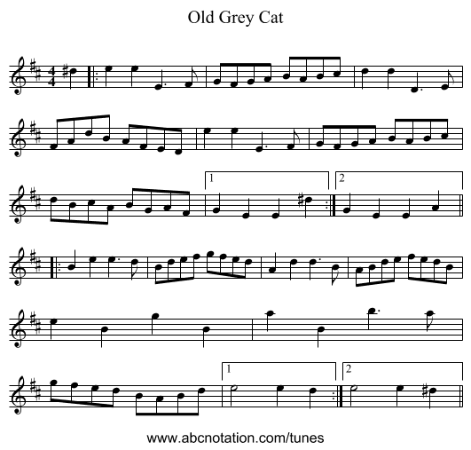 Old Grey Cat - staff notation
