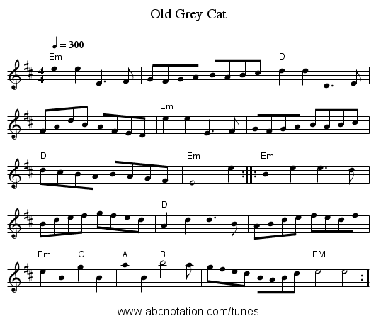 Old Grey Cat - staff notation