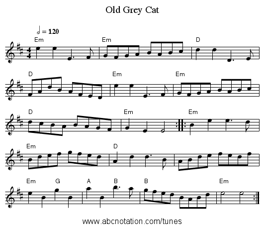Old Grey Cat - staff notation