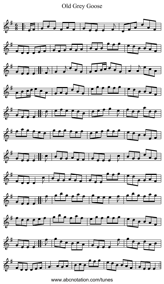 Old Grey Goose - staff notation