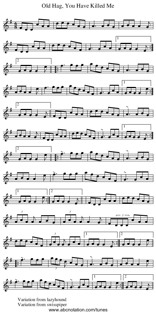 Old Hag, You Have Killed Me - staff notation