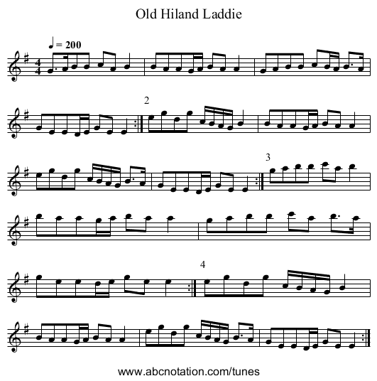Old Hiland Laddie - staff notation