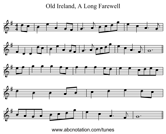 Old Ireland, A Long Farewell - staff notation