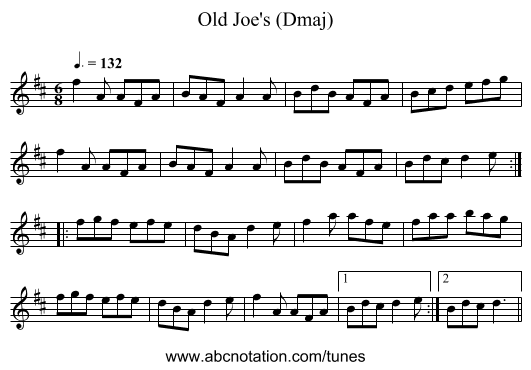 Old Joe's (Dmaj) - staff notation