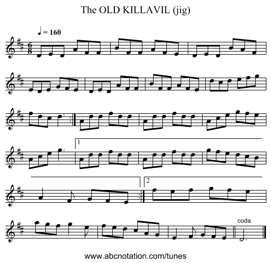 OLD KILLAVIL (jig), The - staff notation