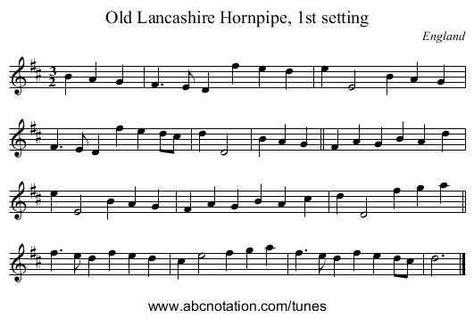 Old Lancashire Hornpipe, 1st setting - staff notation