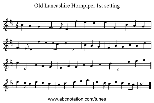 Old Lancashire Hornpipe, 1st setting - staff notation