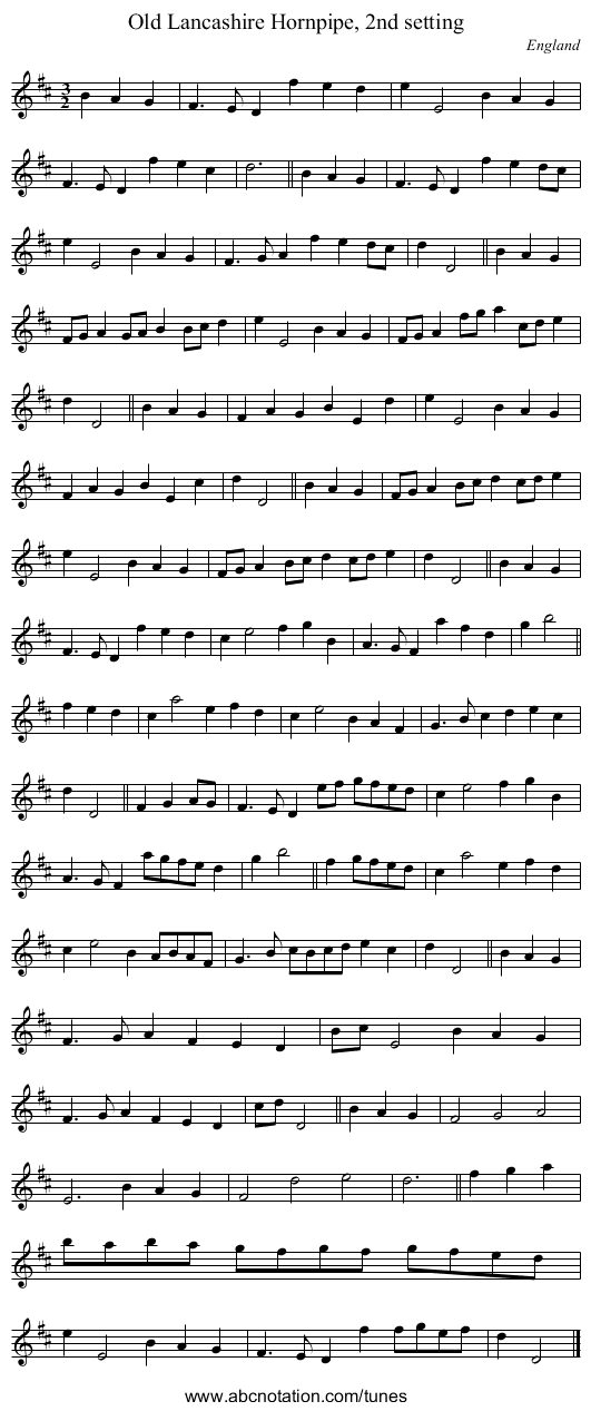 Old Lancashire Hornpipe, 2nd setting - staff notation