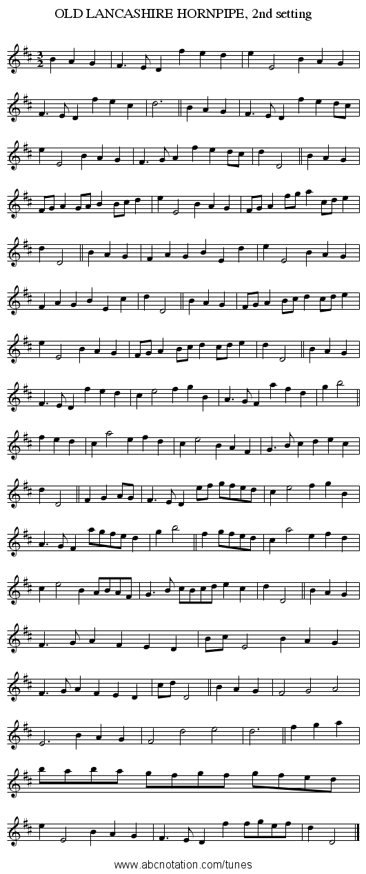 OLD LANCASHIRE HORNPIPE, 2nd setting - staff notation