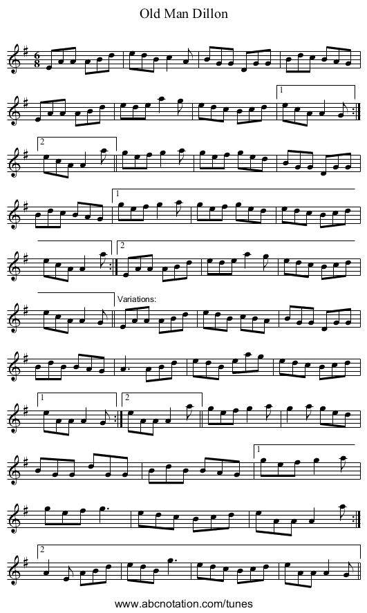 Old Man Dillon - staff notation