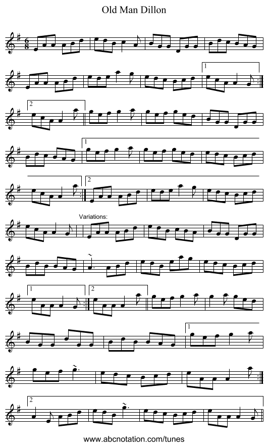 Old Man Dillon - staff notation
