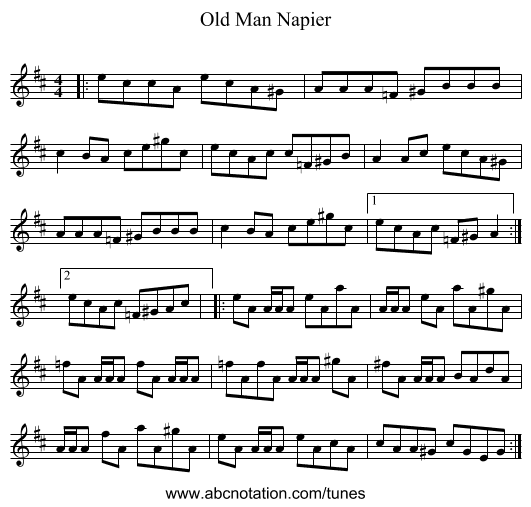 Old Man Napier - staff notation