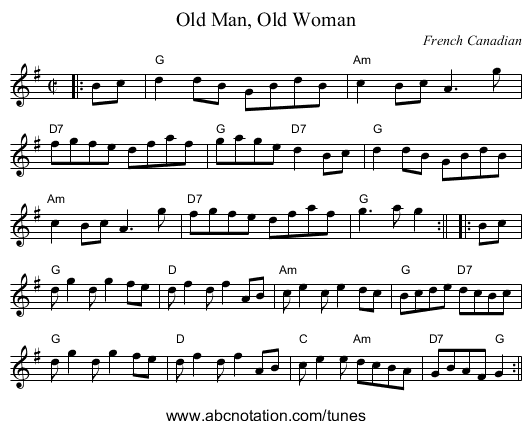 Old Man, Old Woman - staff notation