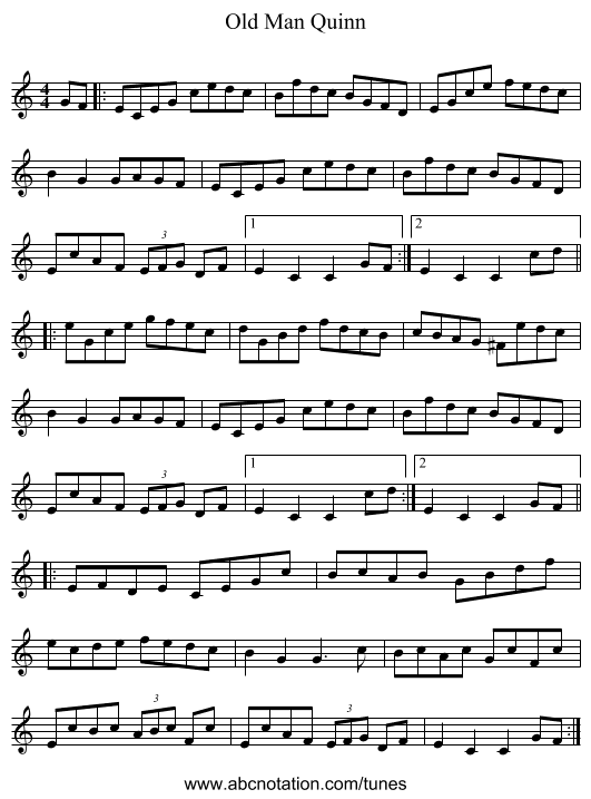 Old Man Quinn - staff notation