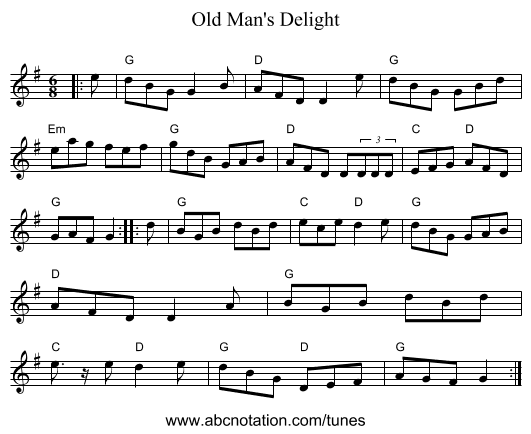 Old Man's Delight - staff notation