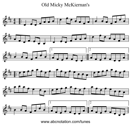 Old Micky McKiernan's - staff notation