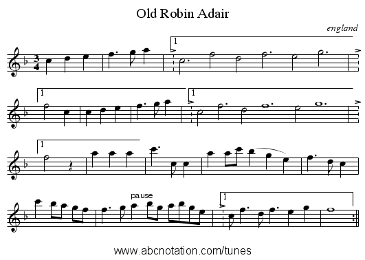 Old Robin Adair - staff notation