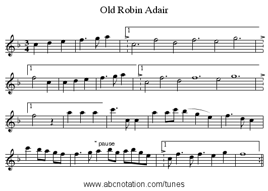 Old Robin Adair - staff notation
