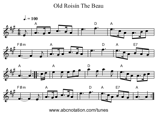 Old Roisín The Beau - staff notation
