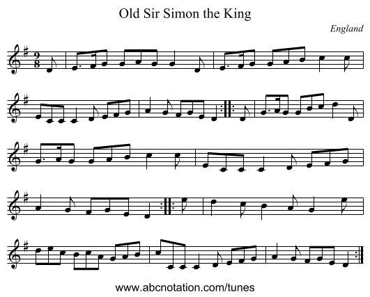 Old Sir Simon the King - staff notation