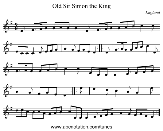 Old Sir Simon the King - staff notation