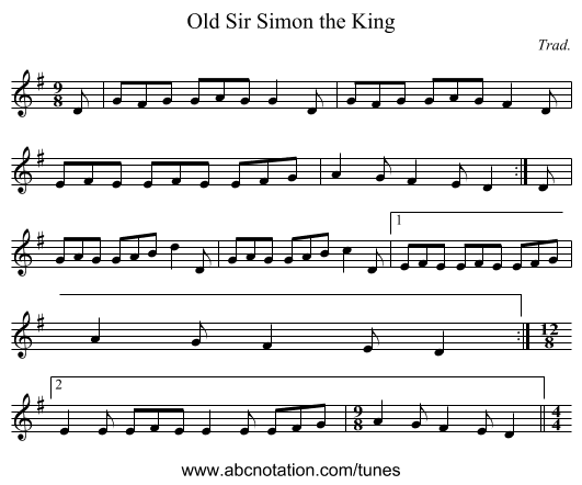 Old Sir Simon the King - staff notation