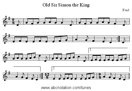 Old Sir Simon the King - staff notation
