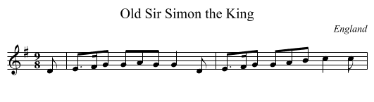 Old Sir Simon the King - staff notation