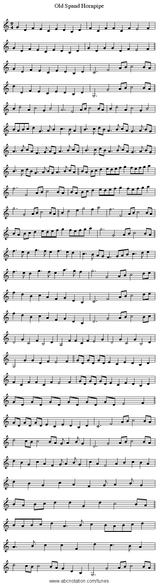 Old Spand Hornpipe - staff notation