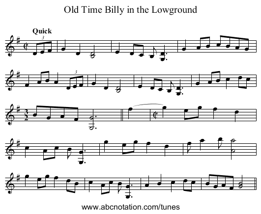 Old Time Billy in the Lowground - staff notation
